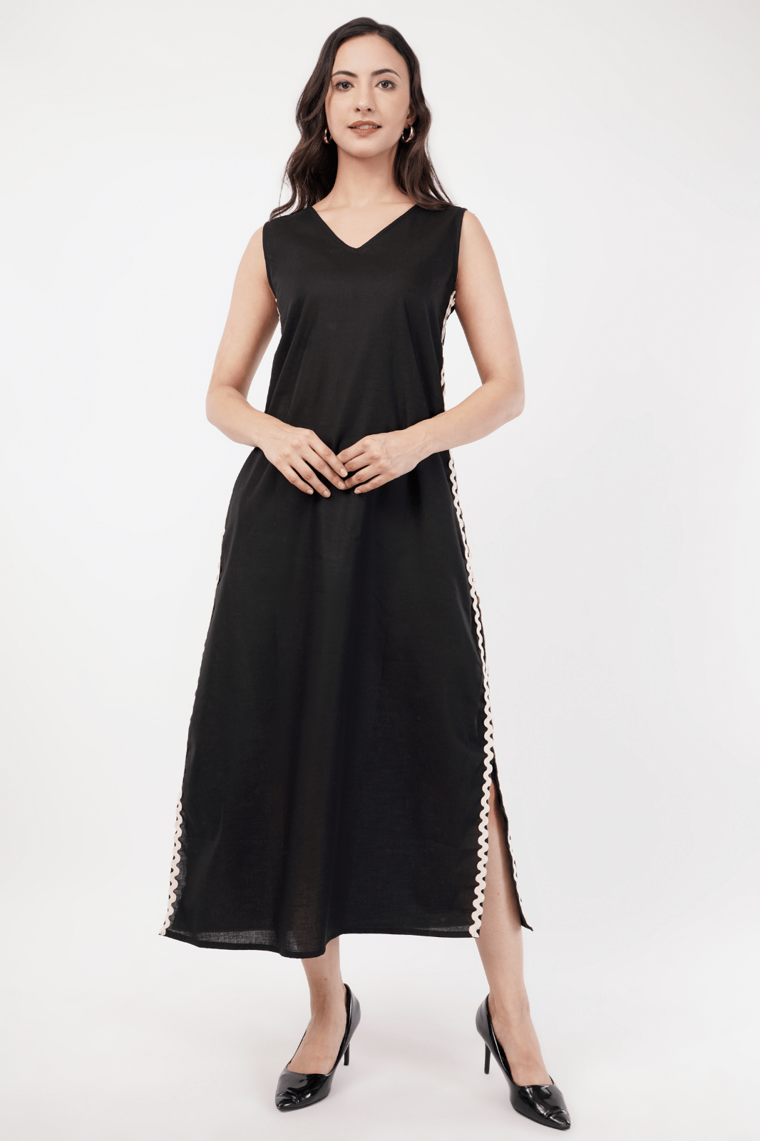 Black Maxi A-Line Dress with Lace Detailing & Slits
