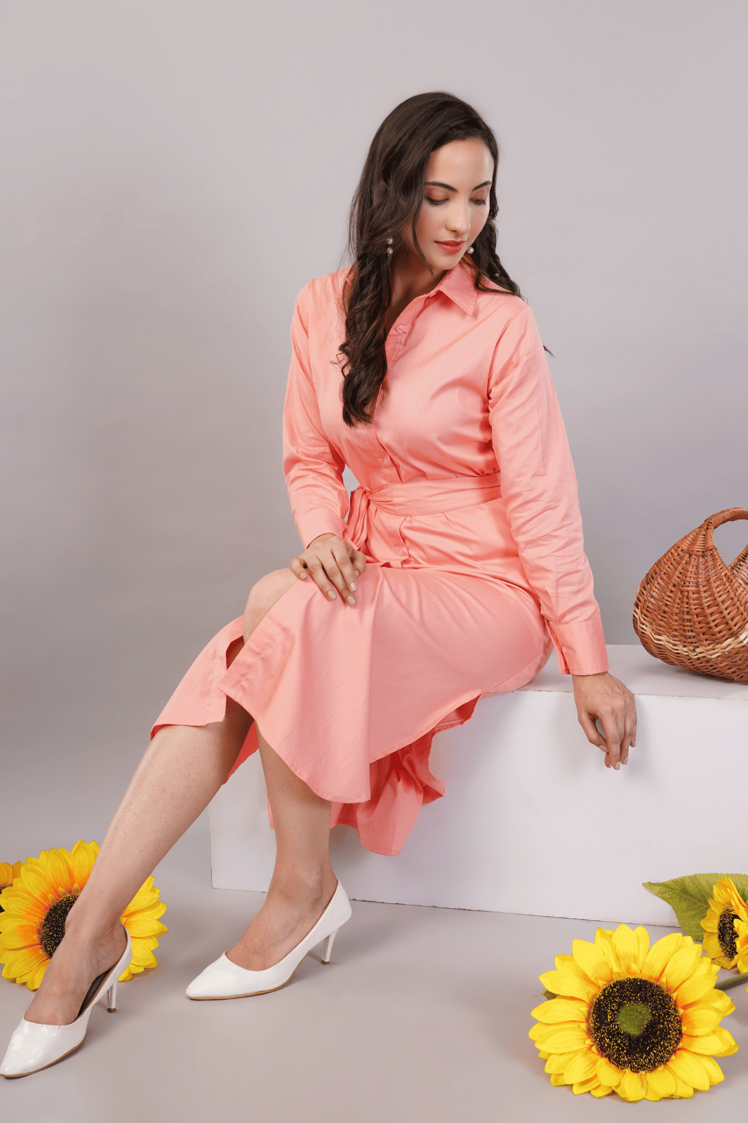 Peach Midi Shirt Dress with Belt