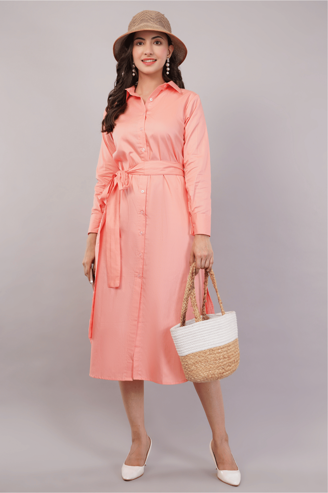 Peach Midi Shirt Dress with Belt