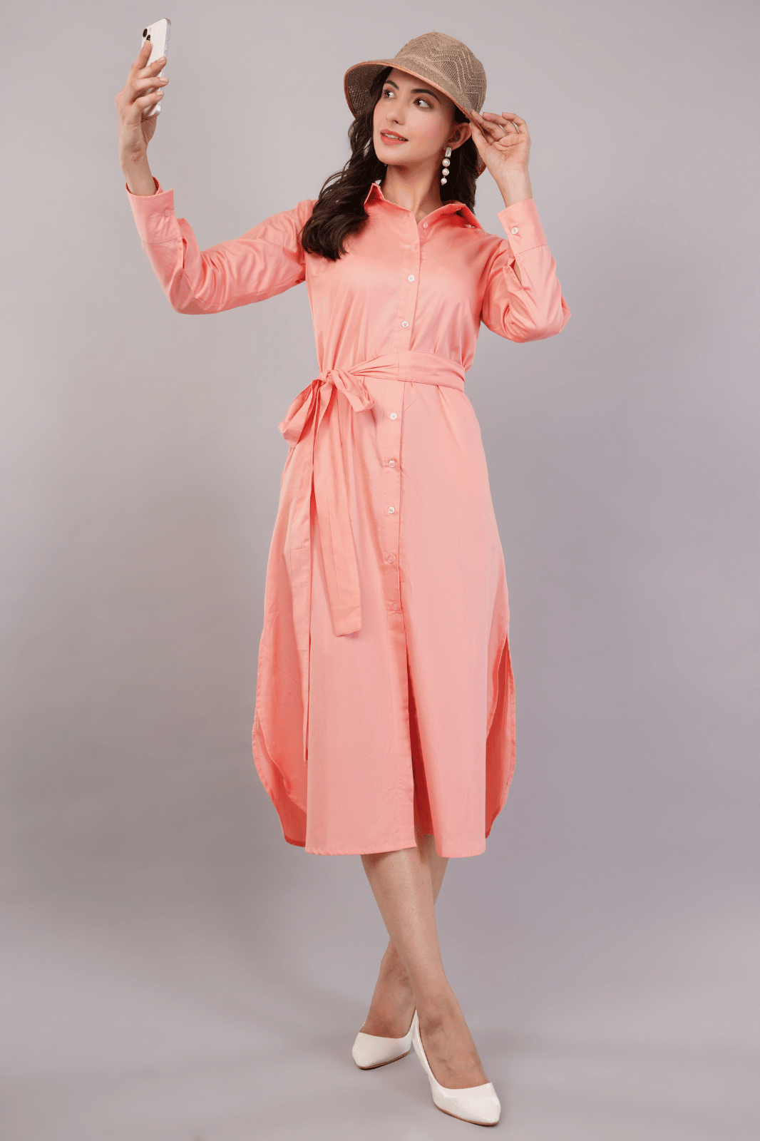 Peach Midi Shirt Dress with Belt