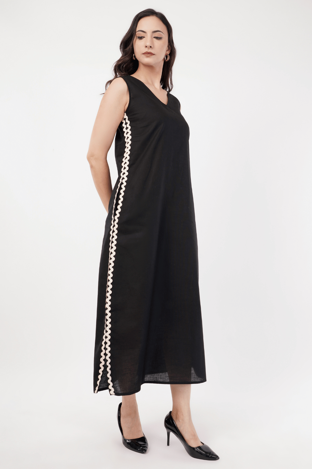 Black Linen Cotton Maxi A-Line Dress | with Lace Side Detailing & Slits MedleyHues Black Linen Cotton Maxi A-Line Dress | with Lace Side Detailing & Slits MedleyHues