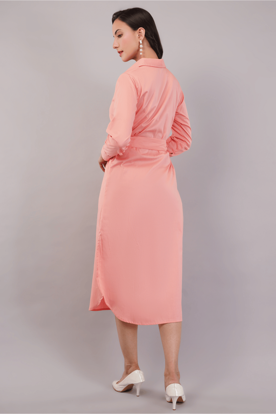 Peach Midi Shirt Dress with Belt