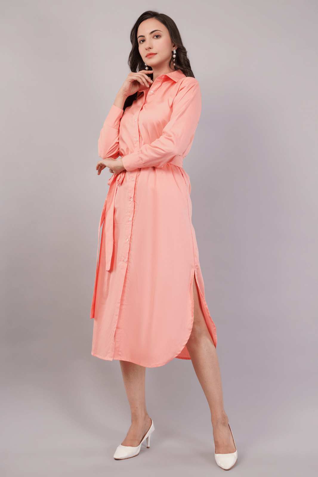 Peach Midi Shirt Dress with Belt