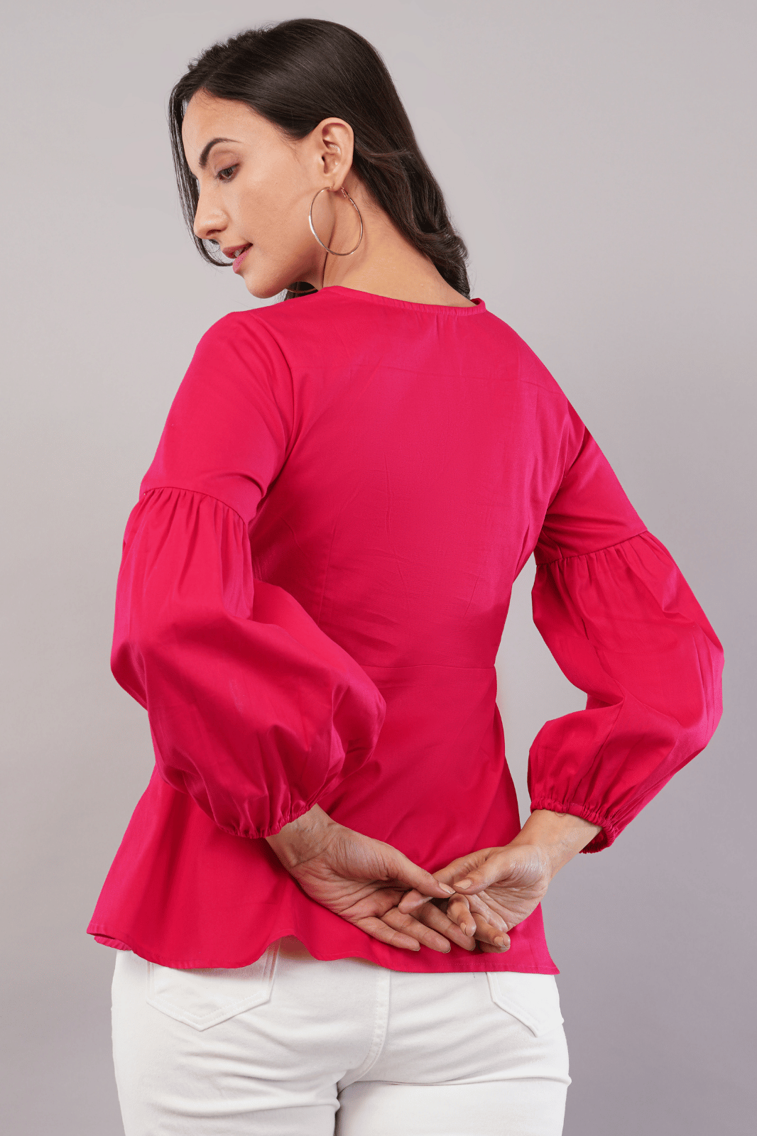 Magenta Pink Peplum Top with White Lace