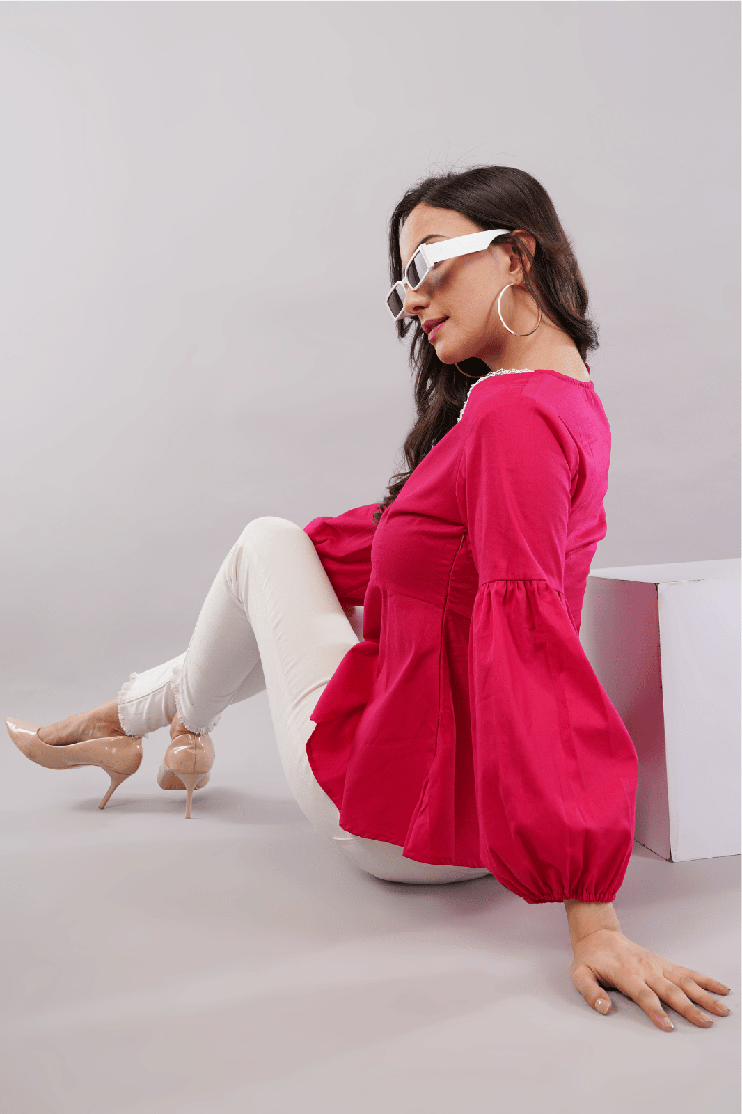 Magenta Pink Peplum Top with White Lace