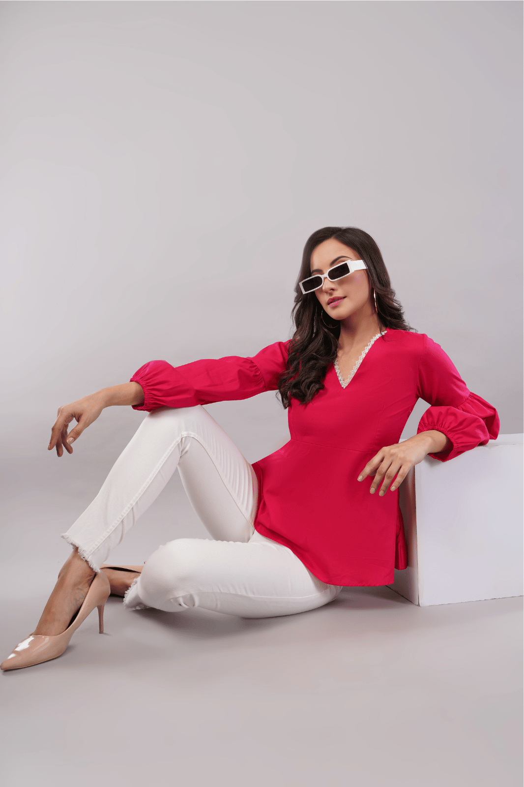 Magenta Pink Peplum Top with White Lace