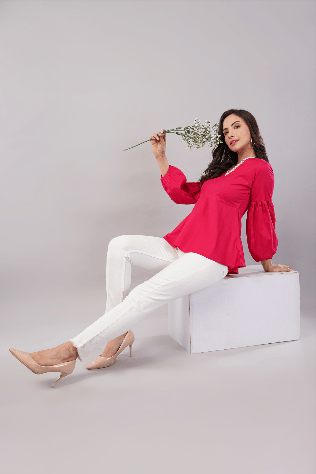 Magenta Pink Peplum Top with White Lace