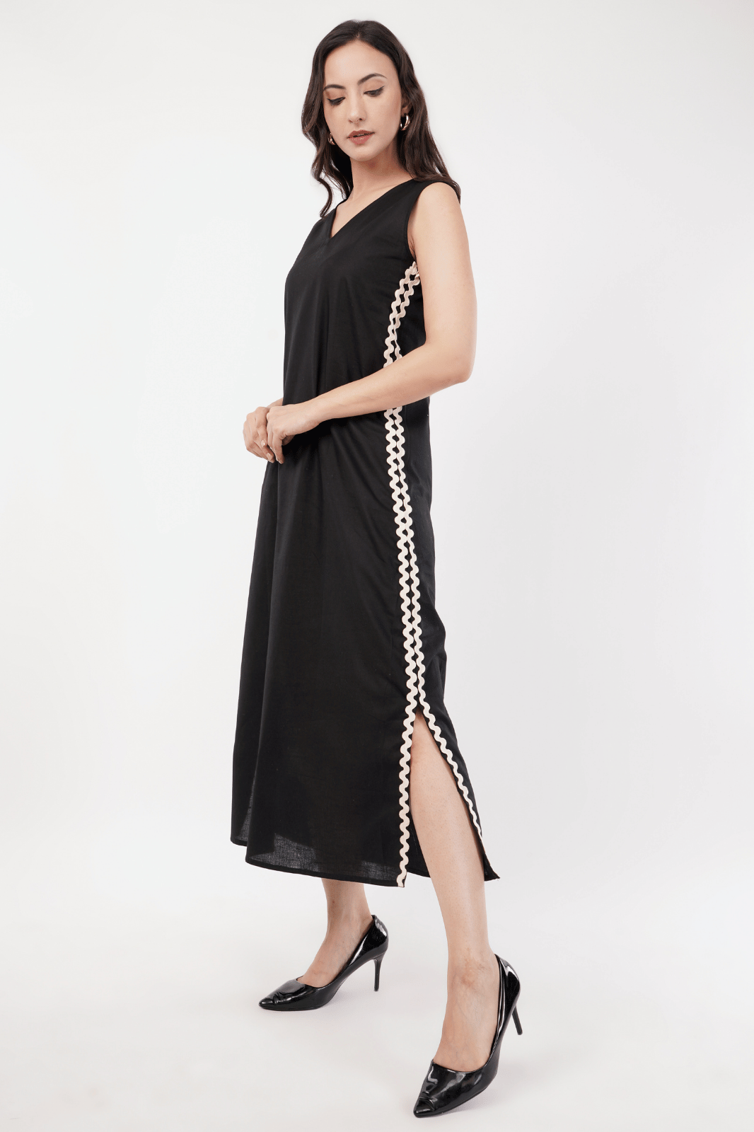 Black Maxi A-Line Dress with Lace Detailing & Slits
