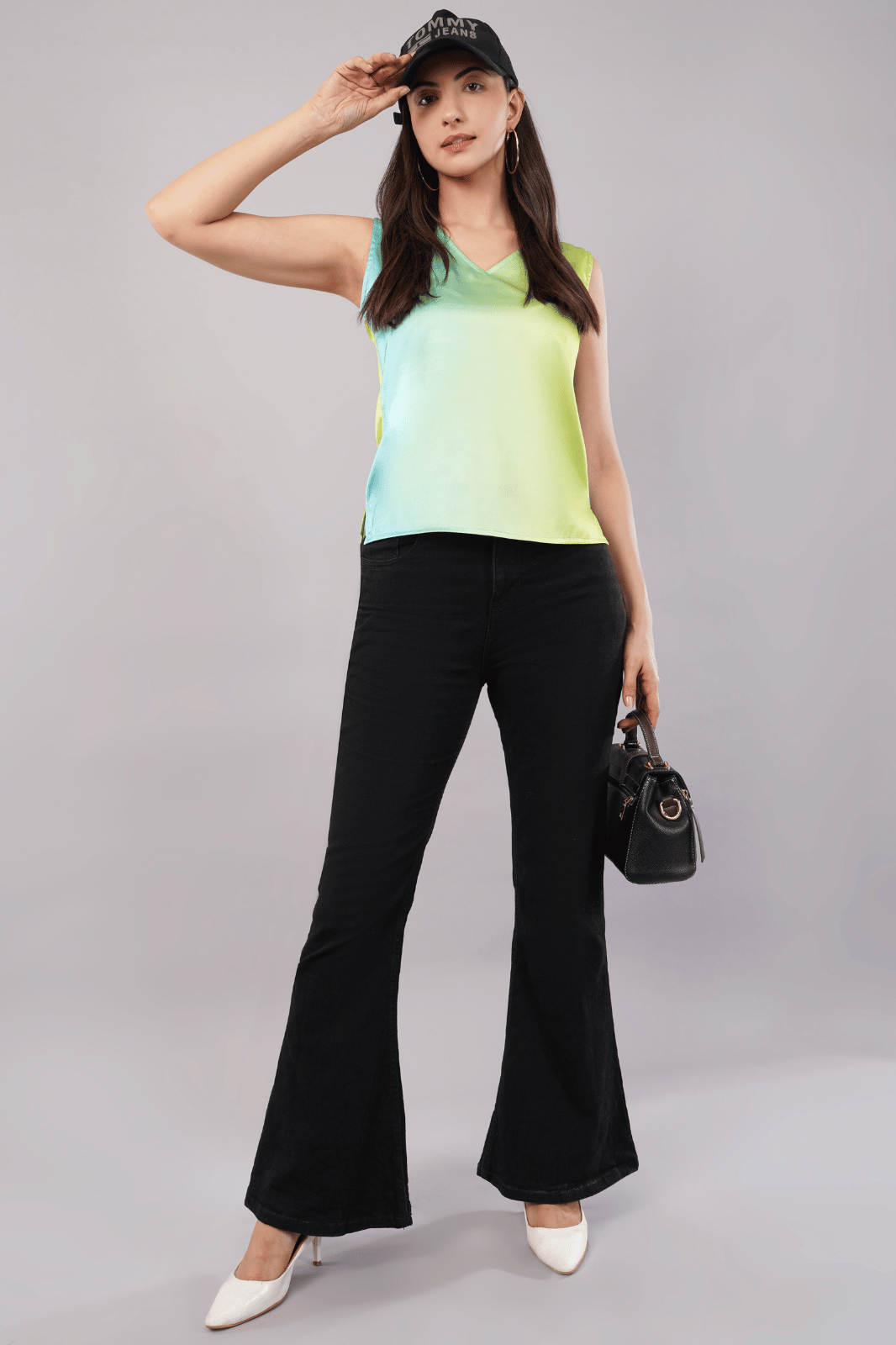 Greenish Ombre Printed Satin Top