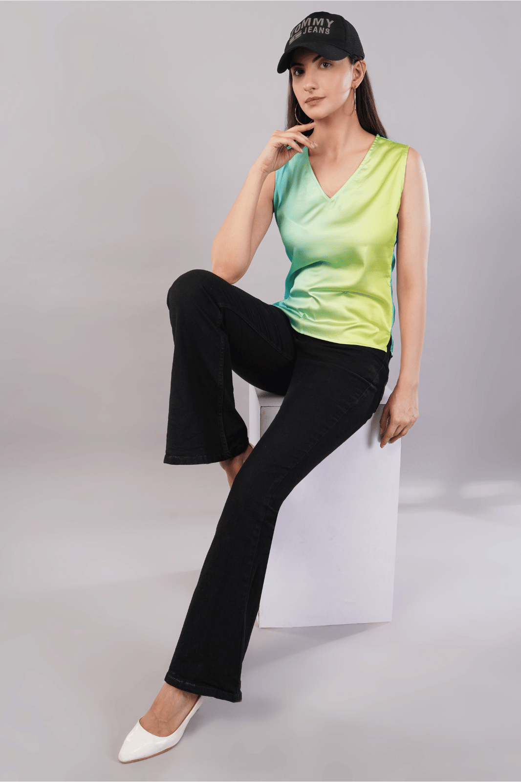 Greenish Ombre Printed Satin Top