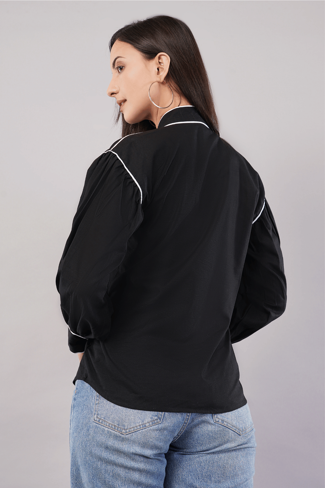 Black Cotton Linen Shirt with Bishop Sleeves