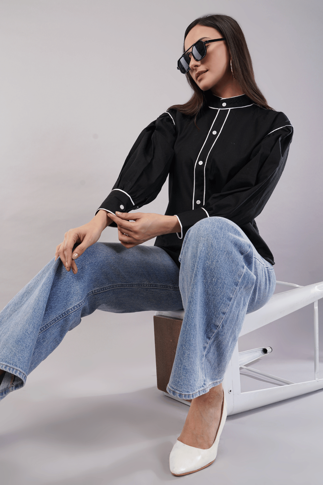 Black Cotton Linen Shirt with Bishop Sleeves