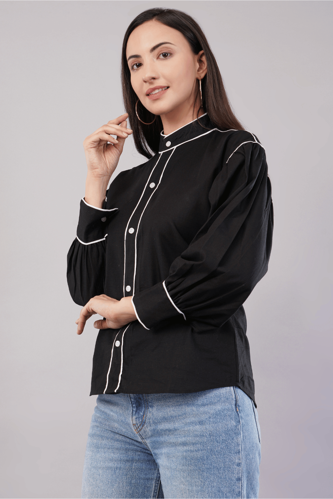 Black Cotton Linen Shirt with Bishop Sleeves