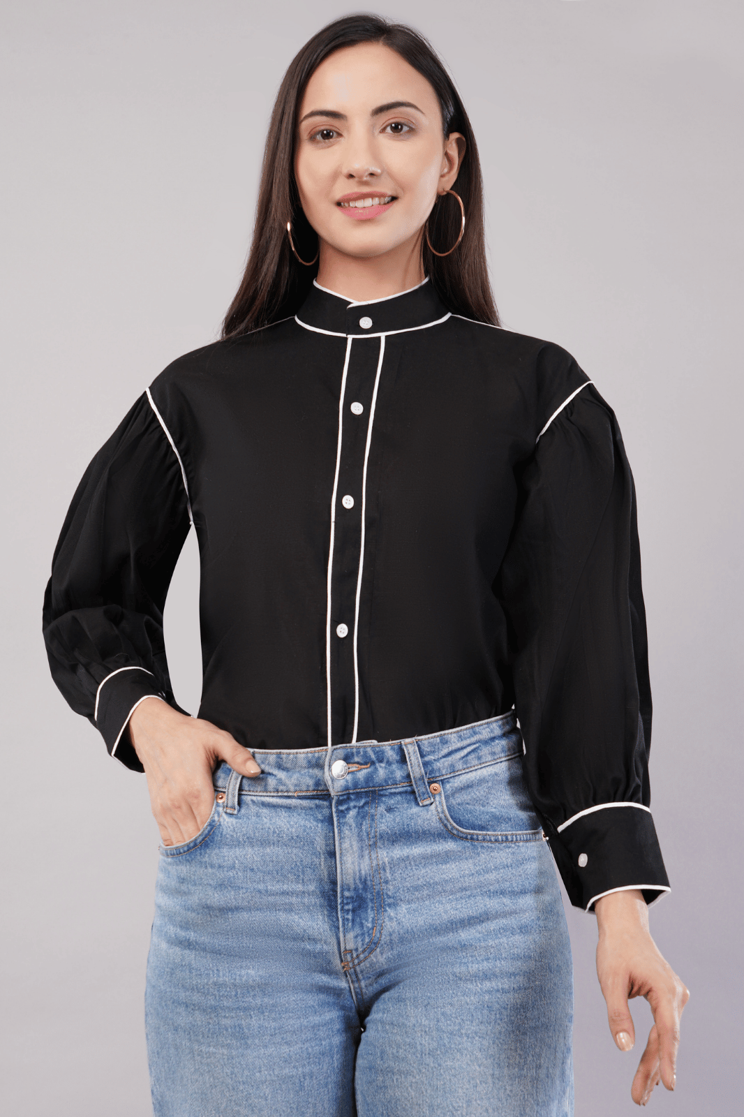 Black Cotton Linen Shirt with Bishop Sleeves