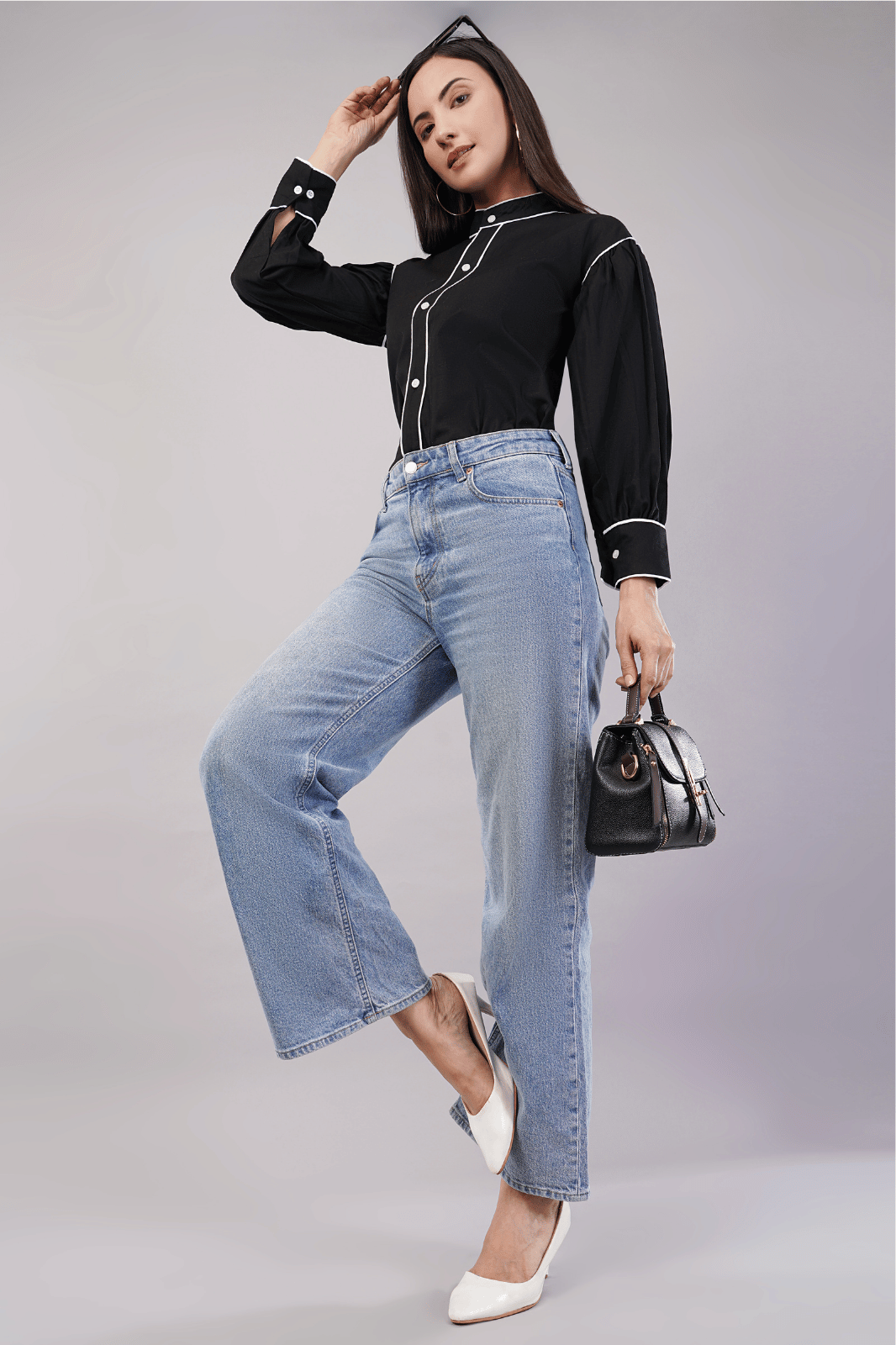 Black Cotton Linen Shirt with Bishop Sleeves