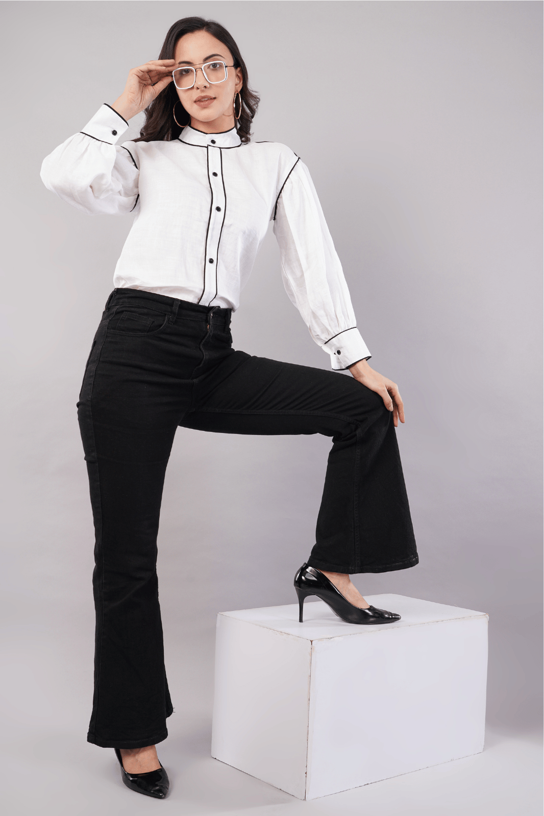 White Cotton Linen Shirt with Bishop Sleeves