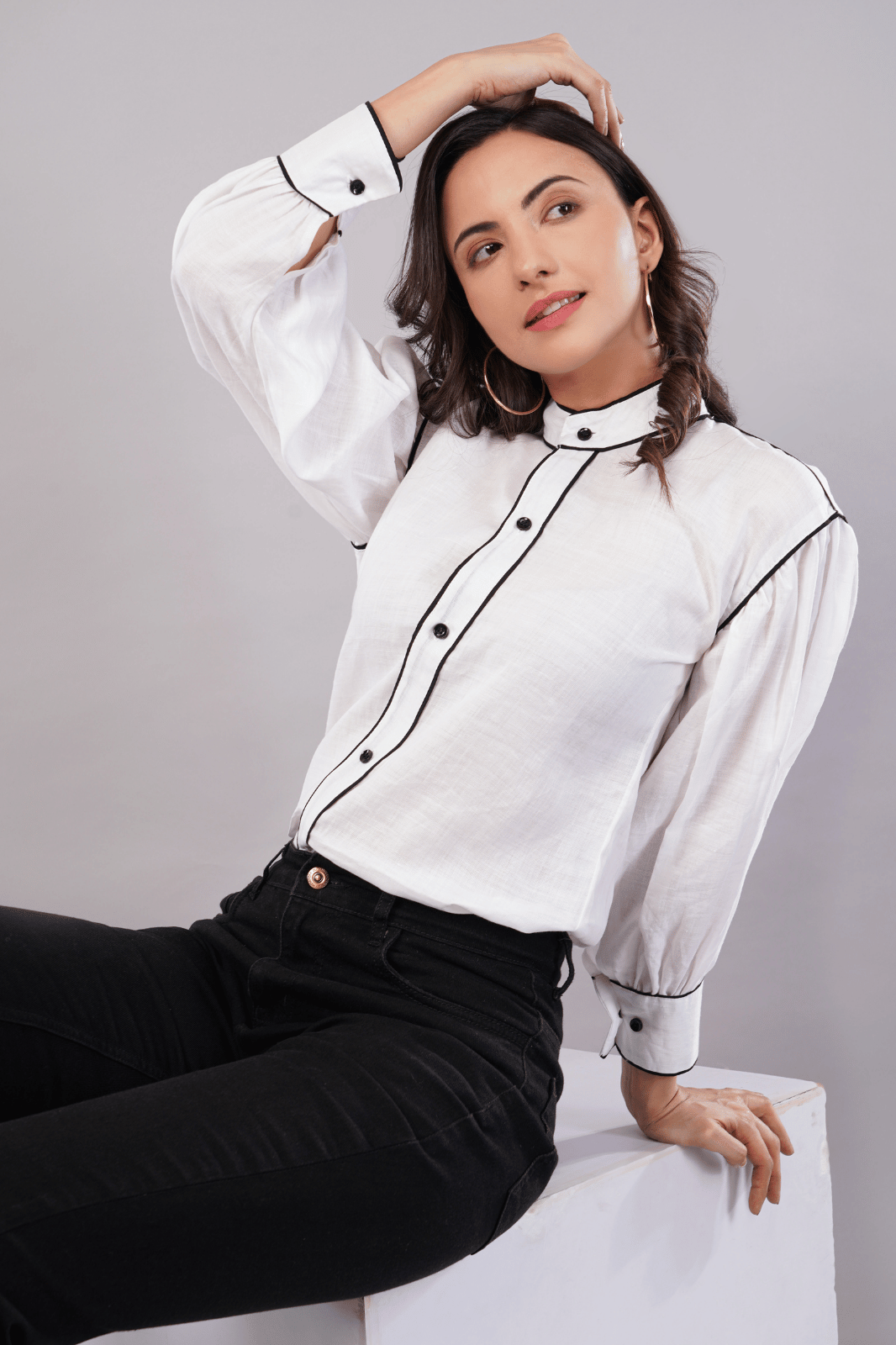 White Cotton Linen Shirt with Bishop Sleeves