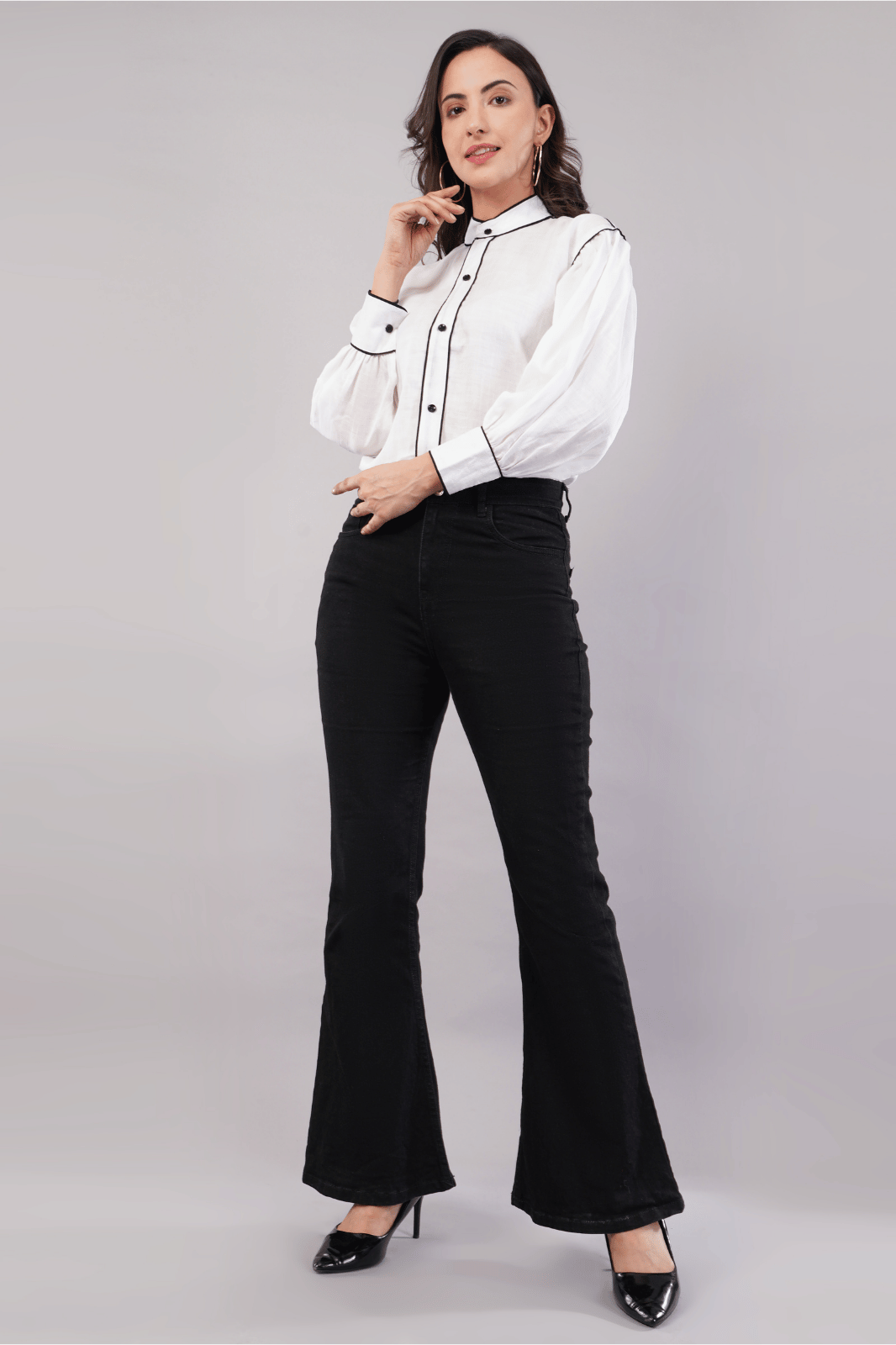 White Cotton Linen Shirt with Bishop Sleeves