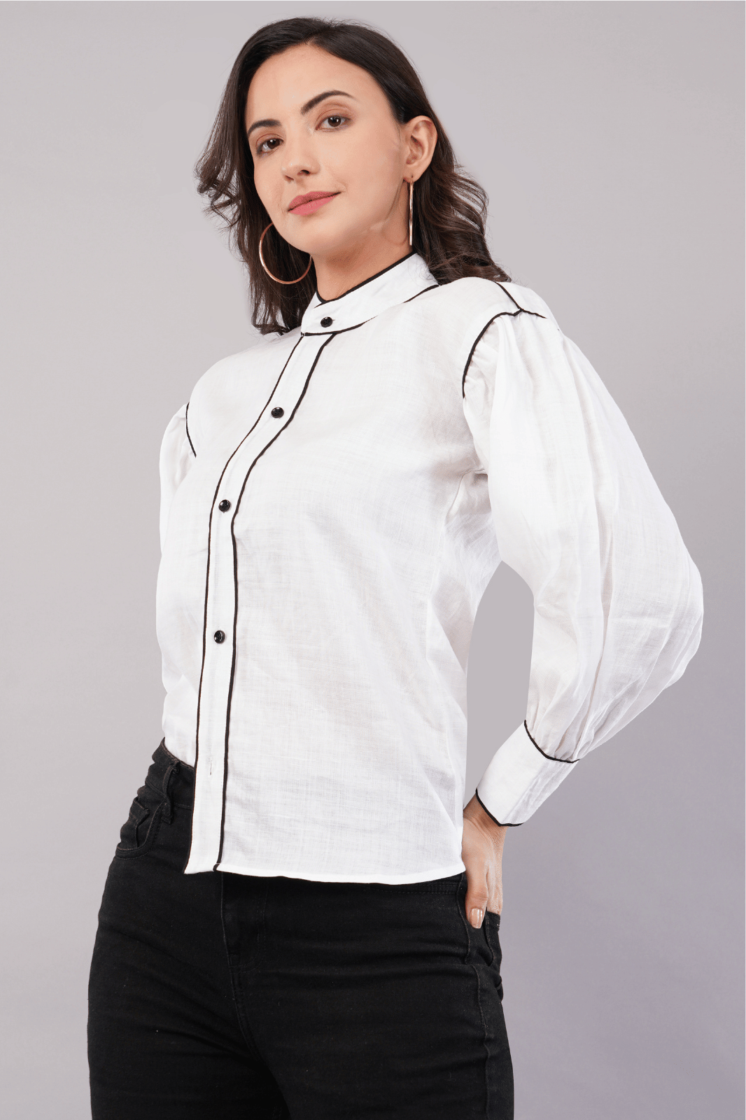 White Cotton Linen Shirt with Bishop Sleeves