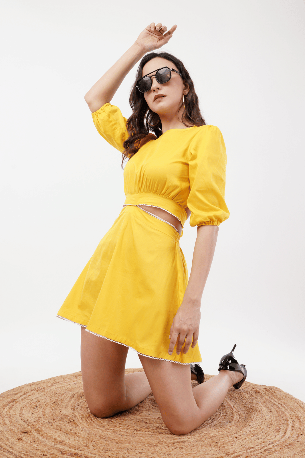 Yellow Mini A-Line Dress with Waist Cut-Outs & Lace Detailing