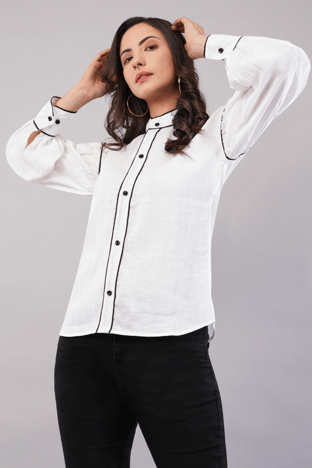 White Cotton Linen Shirt with Bishop Sleeves