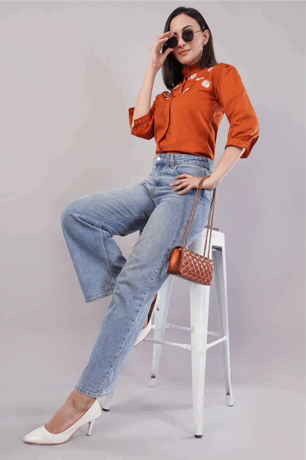 Rust Cotton Linen Shirt with Bishop Sleeves & Frill Collar