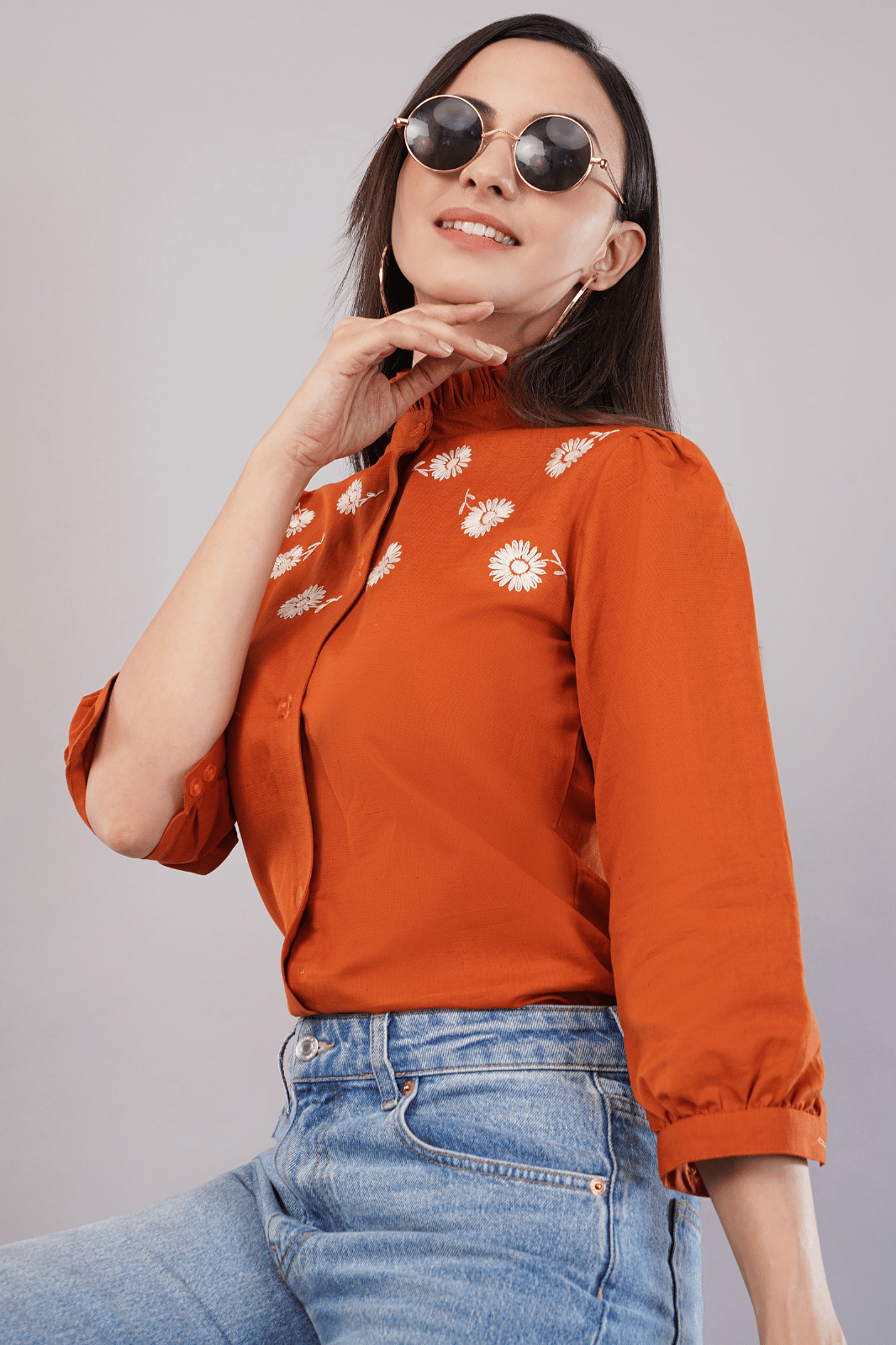 Rust Cotton Linen Shirt with Bishop Sleeves & Frill Collar