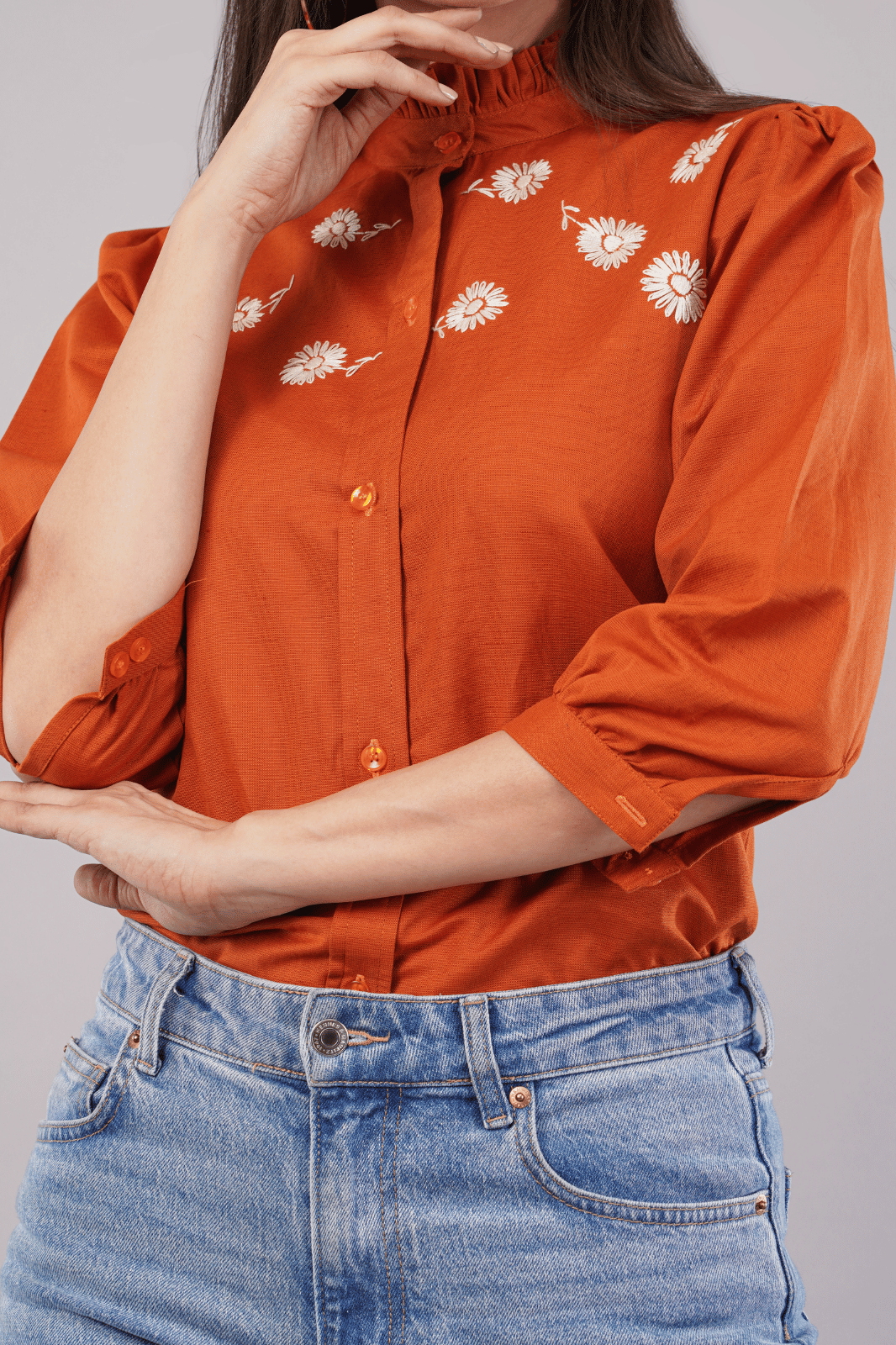 Rust Cotton Linen Shirt with Bishop Sleeves & Frill Collar