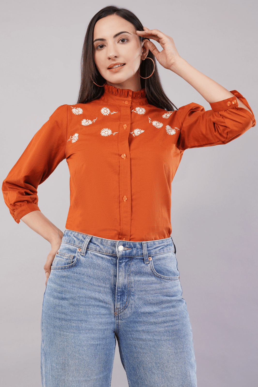 Rust Cotton Linen Shirt with Bishop Sleeves & Frill Collar