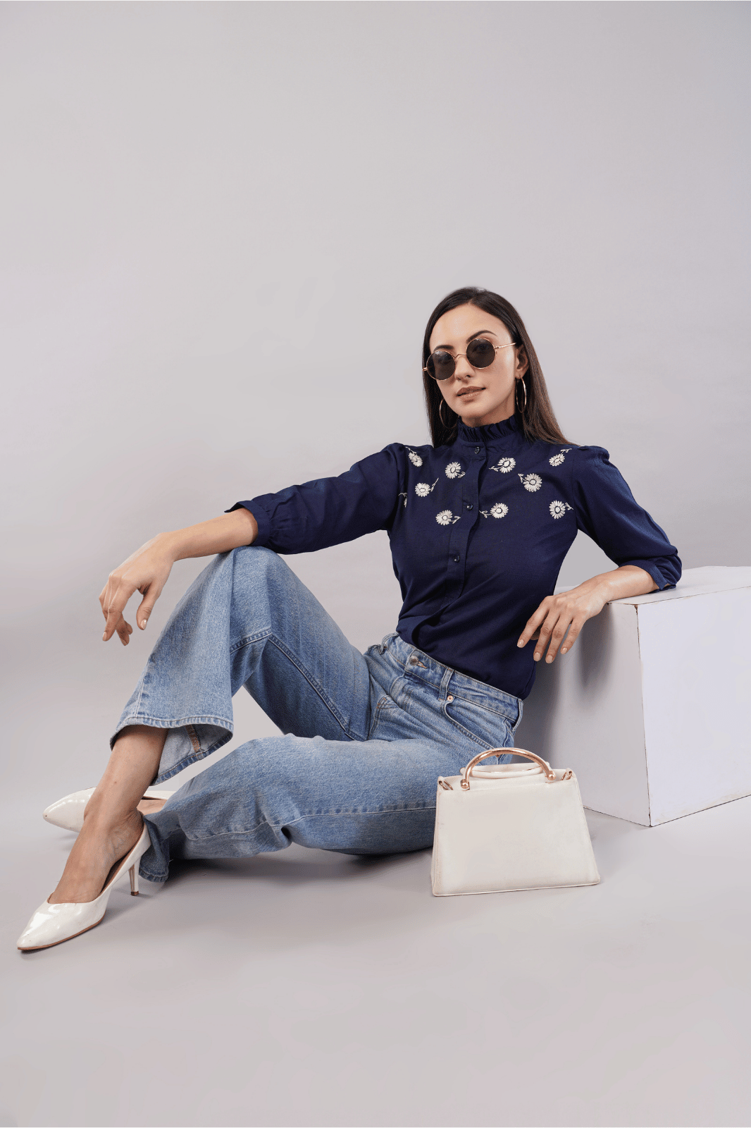 Navy Blue Cotton Linen Shirt with Bishop Sleeves & Frill Collar