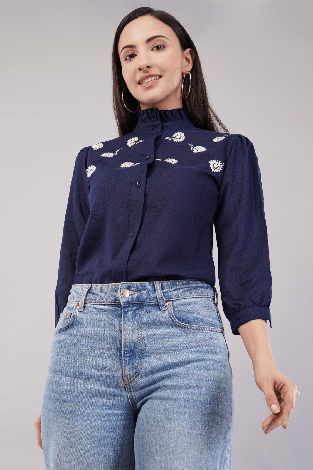 Navy Blue Cotton Linen Shirt with Bishop Sleeves & Frill Collar