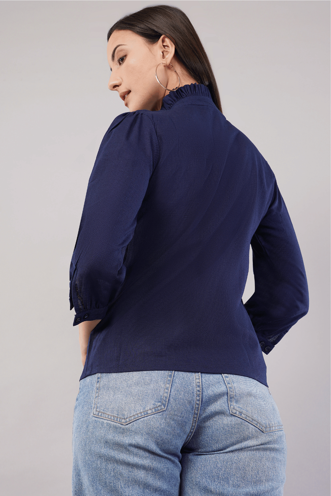 Navy Blue Cotton Linen Shirt with Bishop Sleeves & Frill Collar