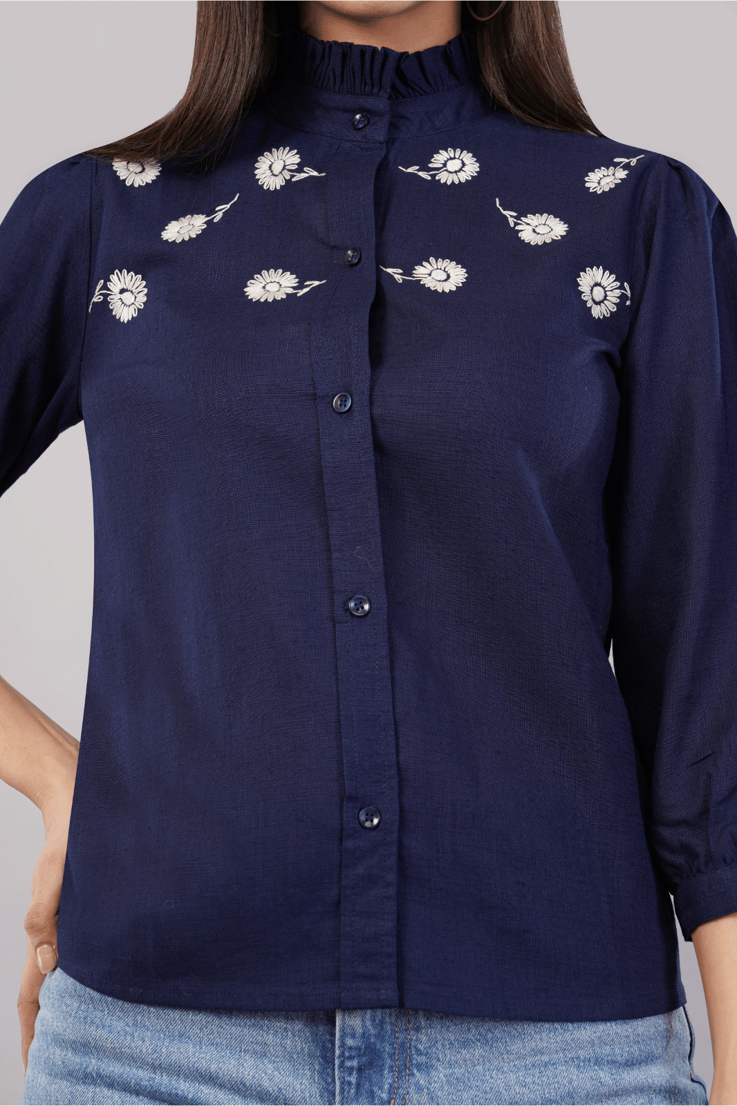 Navy Blue Cotton Linen Shirt with Bishop Sleeves & Frill Collar