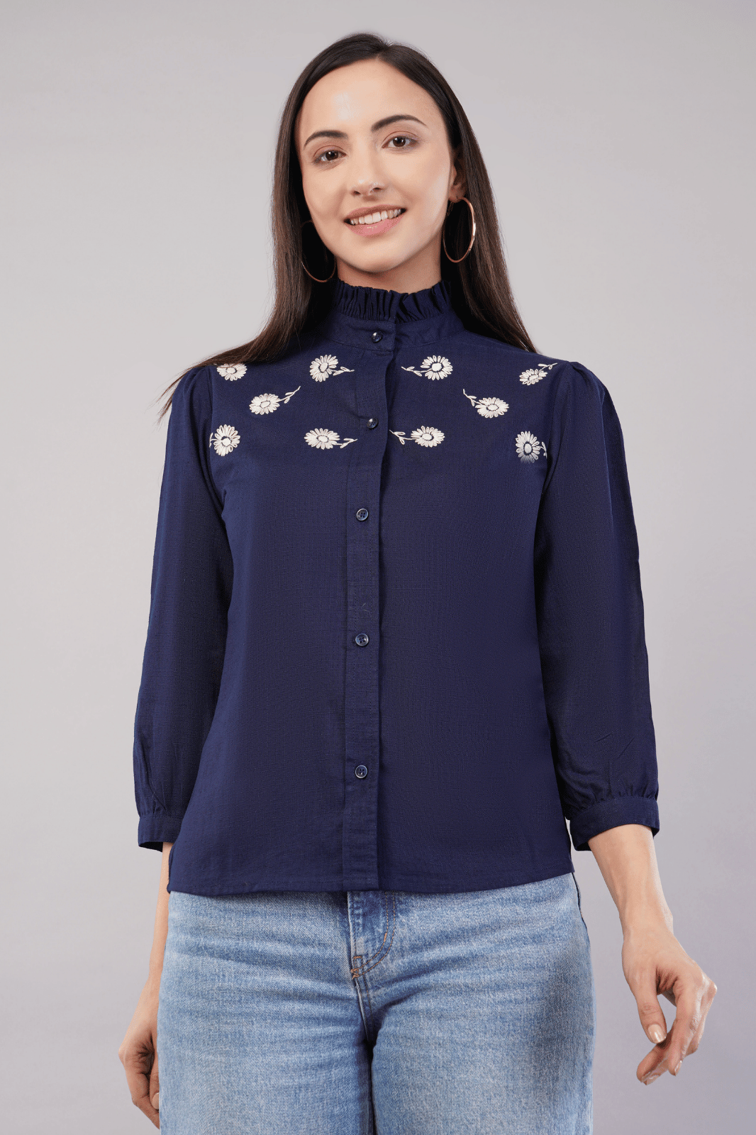 Navy Blue Cotton Linen Shirt with Bishop Sleeves & Frill Collar
