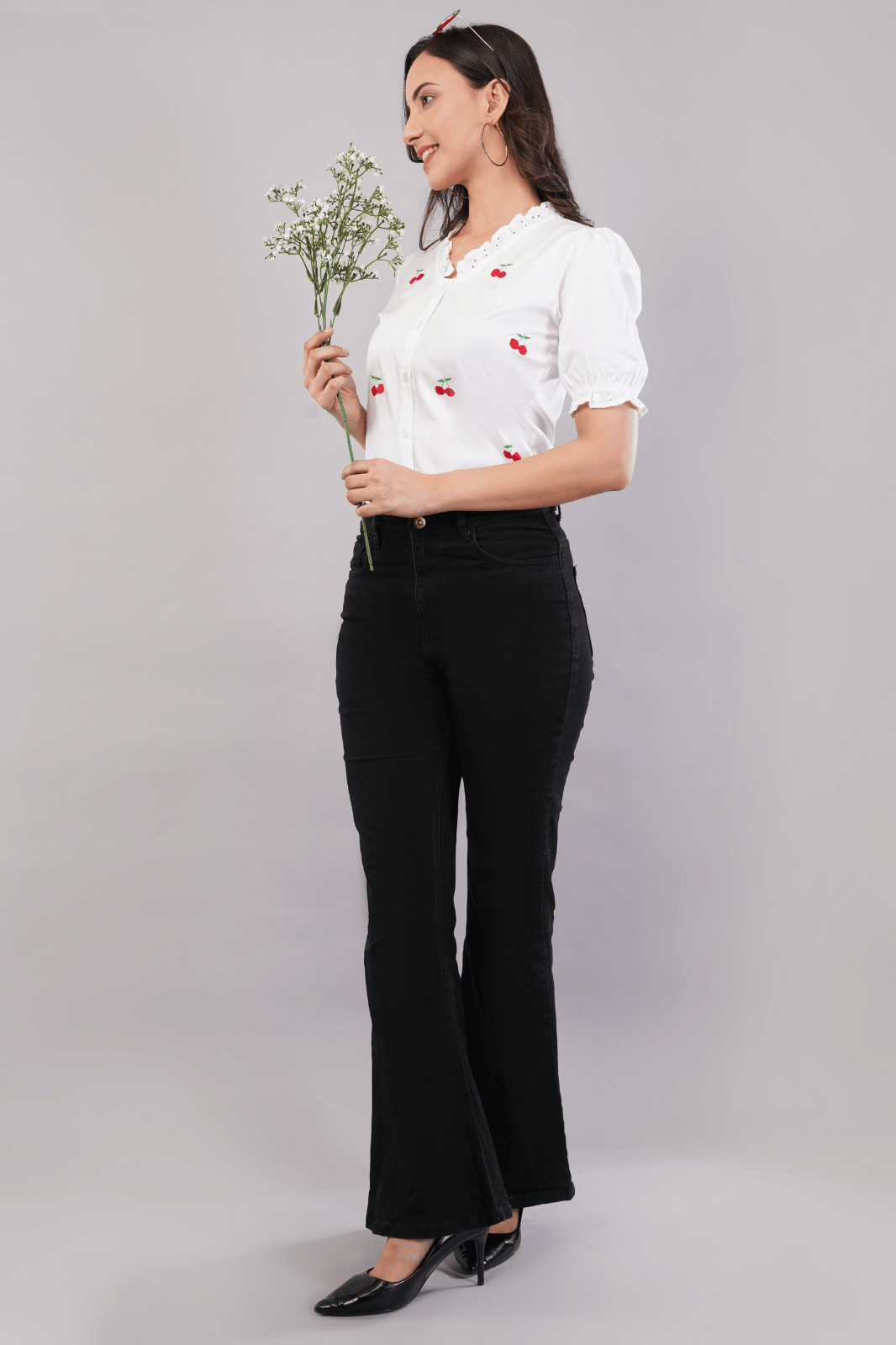 White Cherry Embroidered Poplin Cotton Shirt
