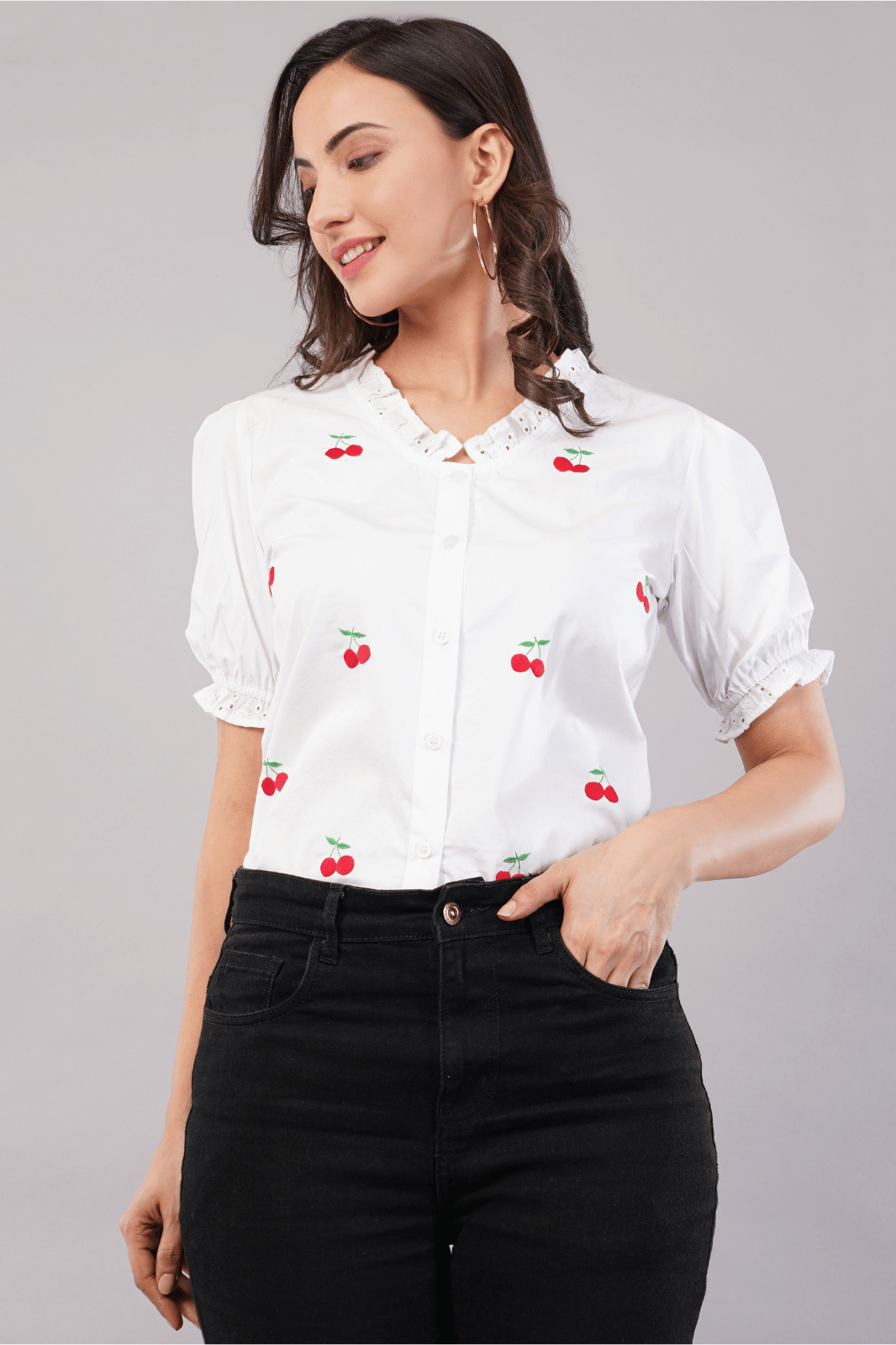 White Cherry Embroidered Poplin Cotton Shirt