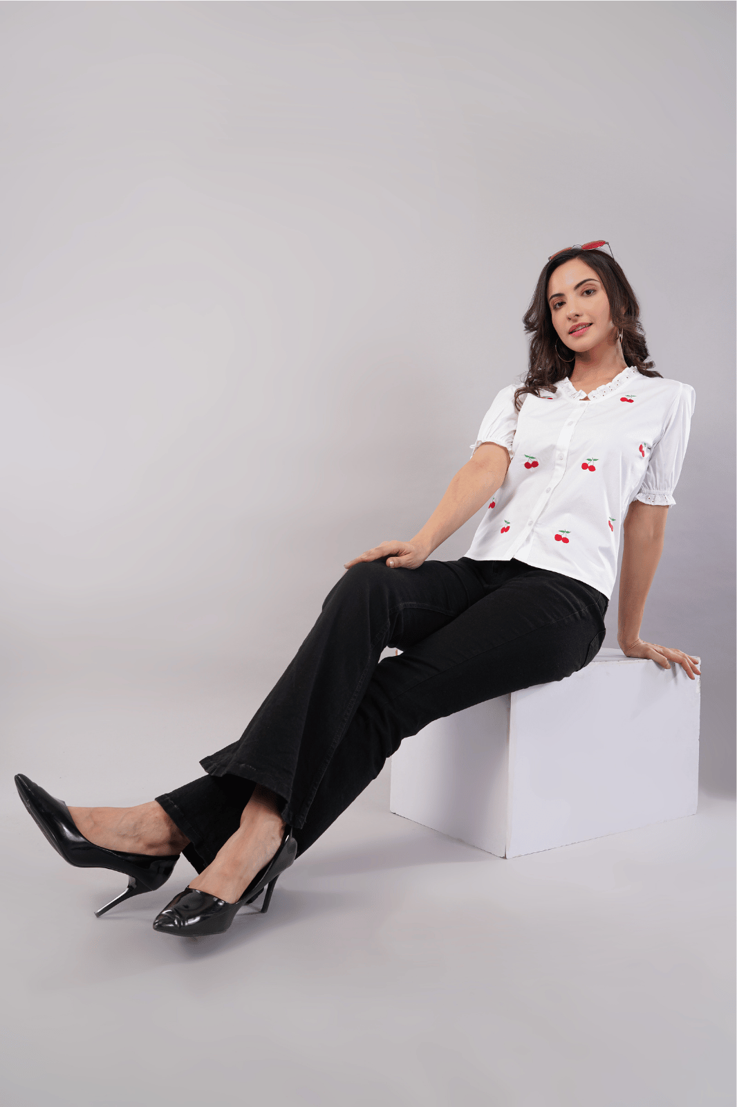 White Cherry Embroidered Poplin Cotton Shirt