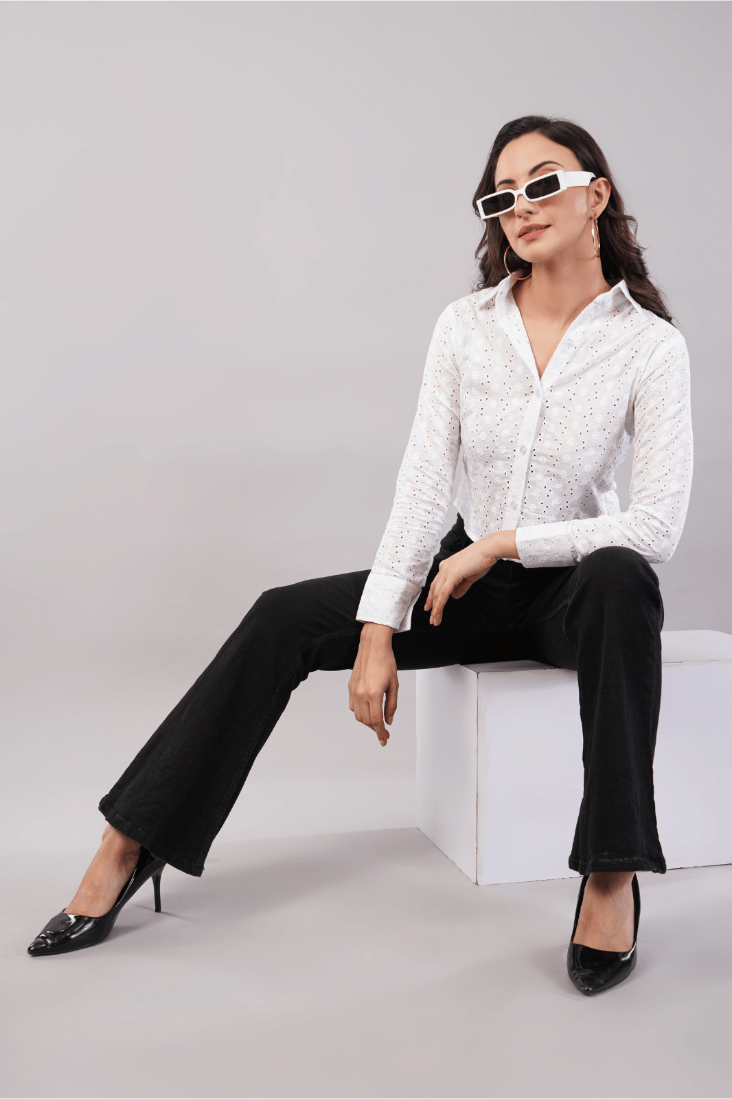 White Schiffli Cotton Shirt