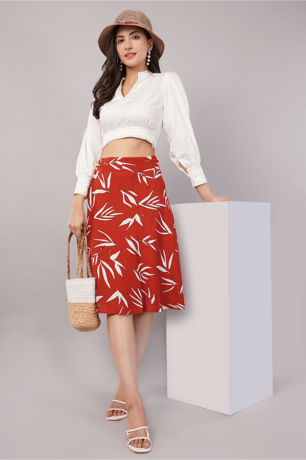 Brown Flowy Knee-Length Wrap Skirt in Premium Rayon
