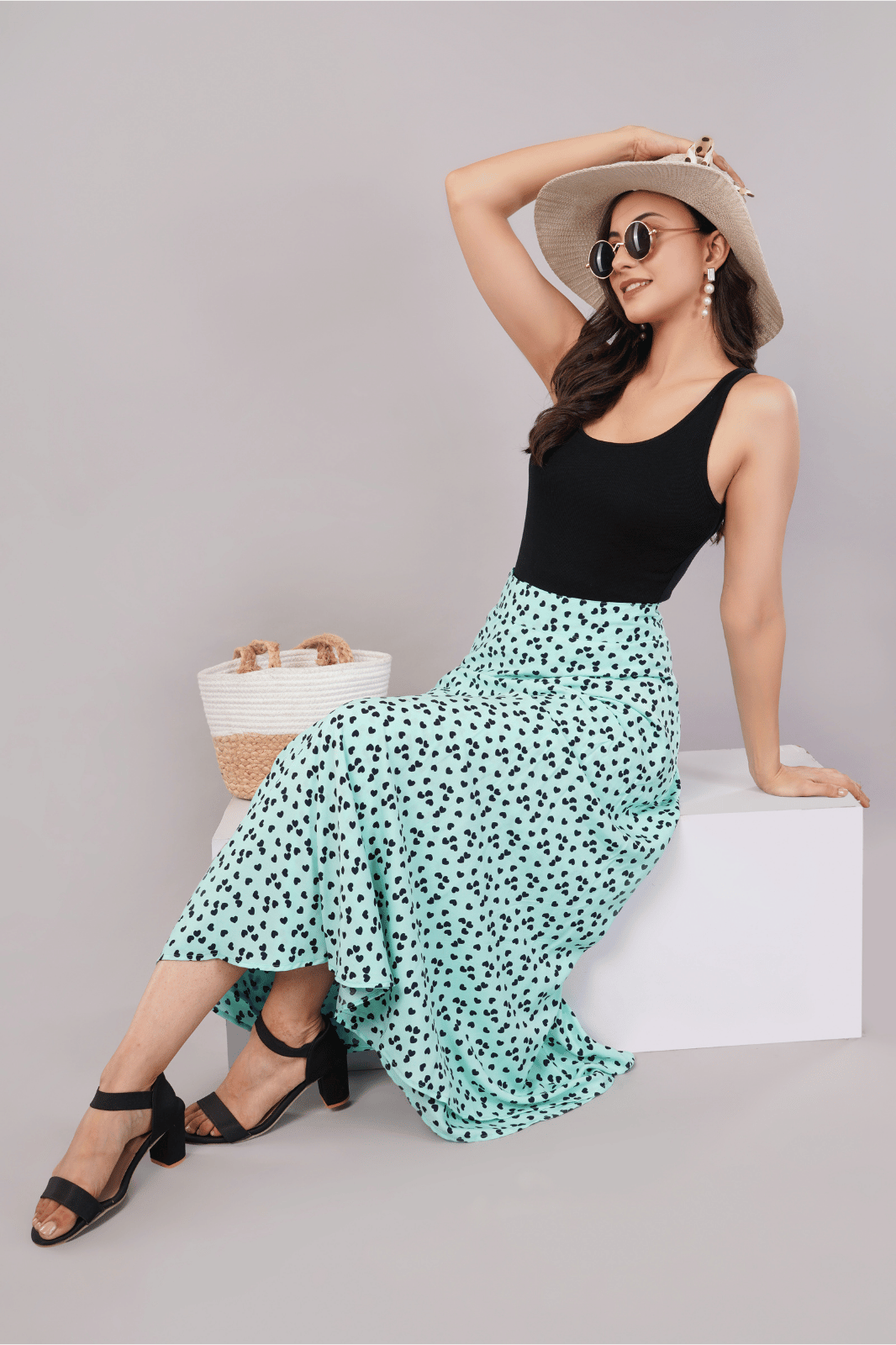 Green Heart Maxi-Length Wrap Skirt in Premium Rayon