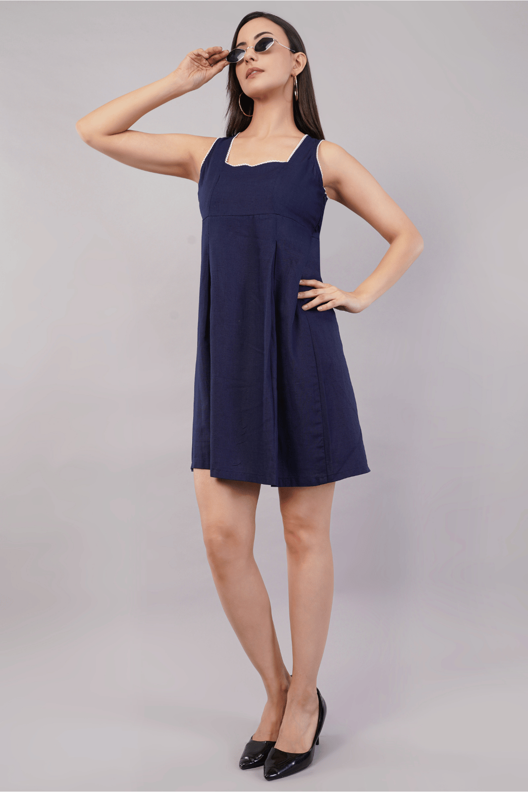 Navy Blue Linen Cotton Fit & Flare Dress