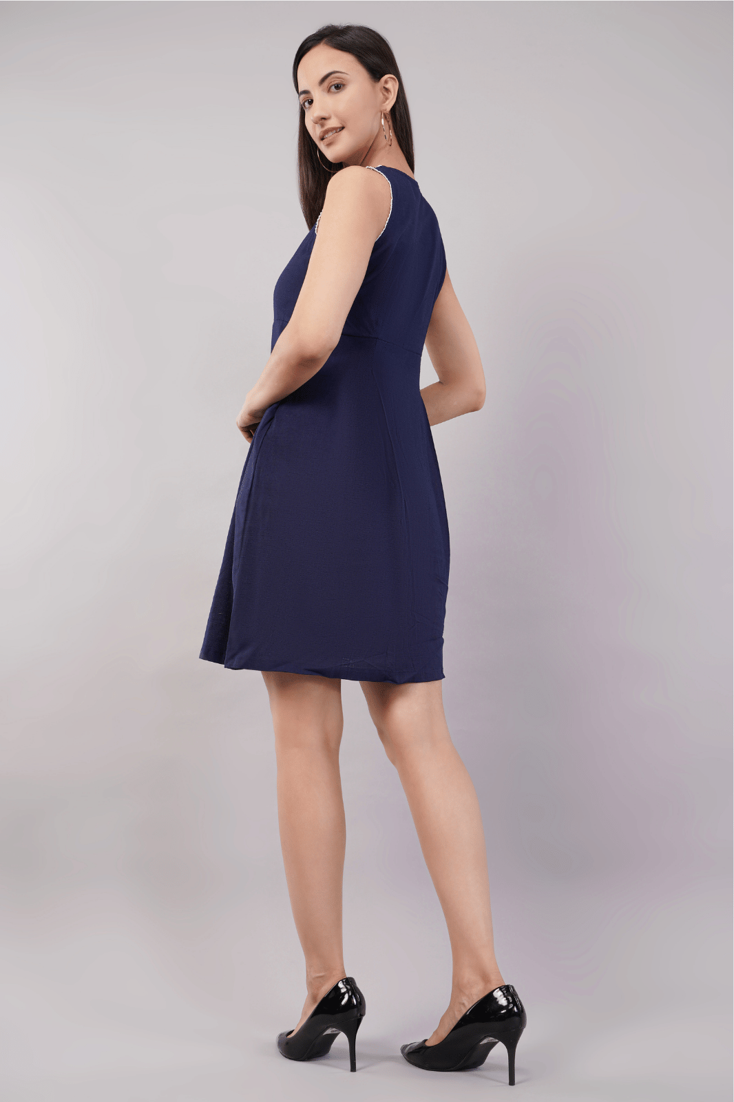 Navy Blue Linen Cotton Fit & Flare Dress
