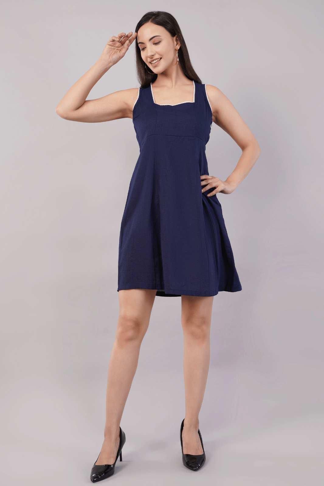 Navy Blue Linen Cotton Fit & Flare Dress
