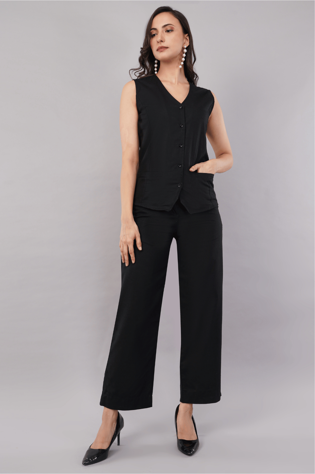 Black Linen Cotton Waistcoat Co-ord Set