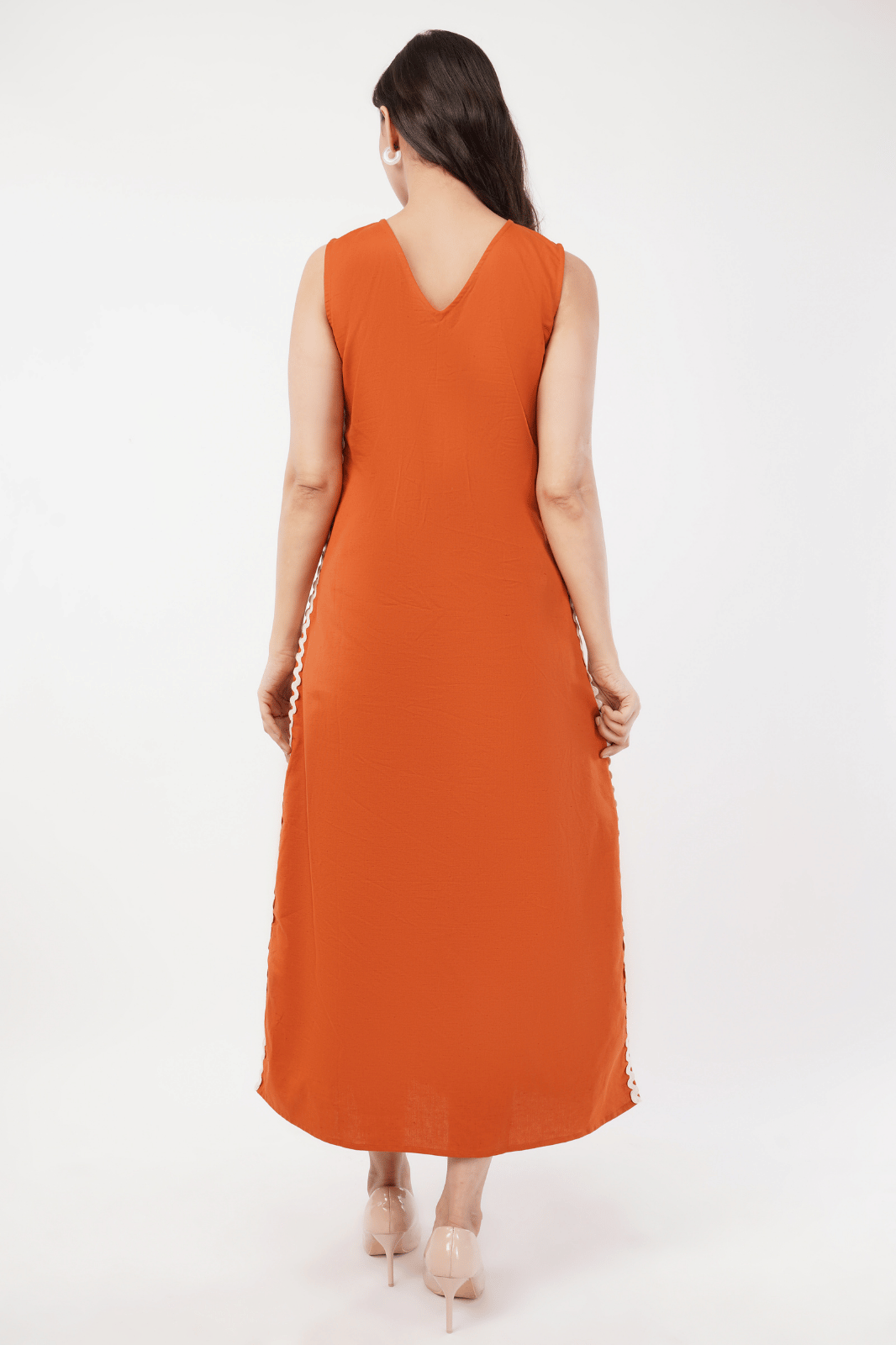 Rust Maxi A-Line Dress with Lace Detailing & Slits