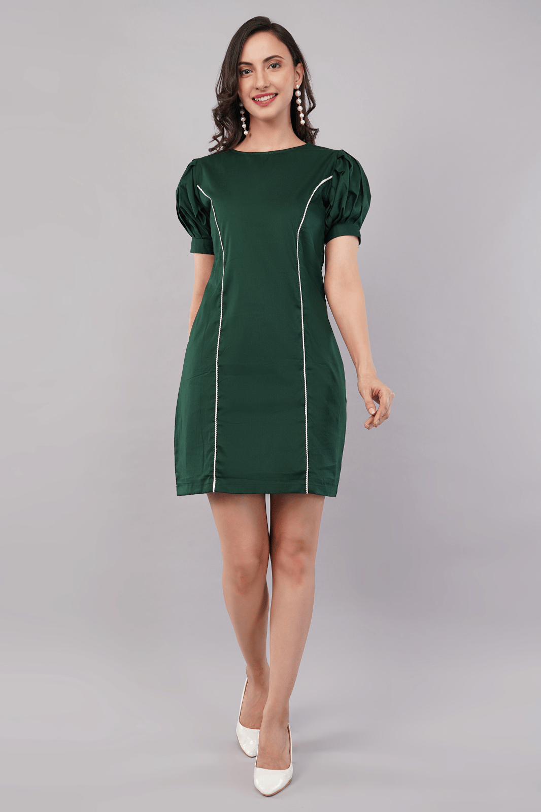 Emerald Green Sheath Dress with Lace & Bow Detail