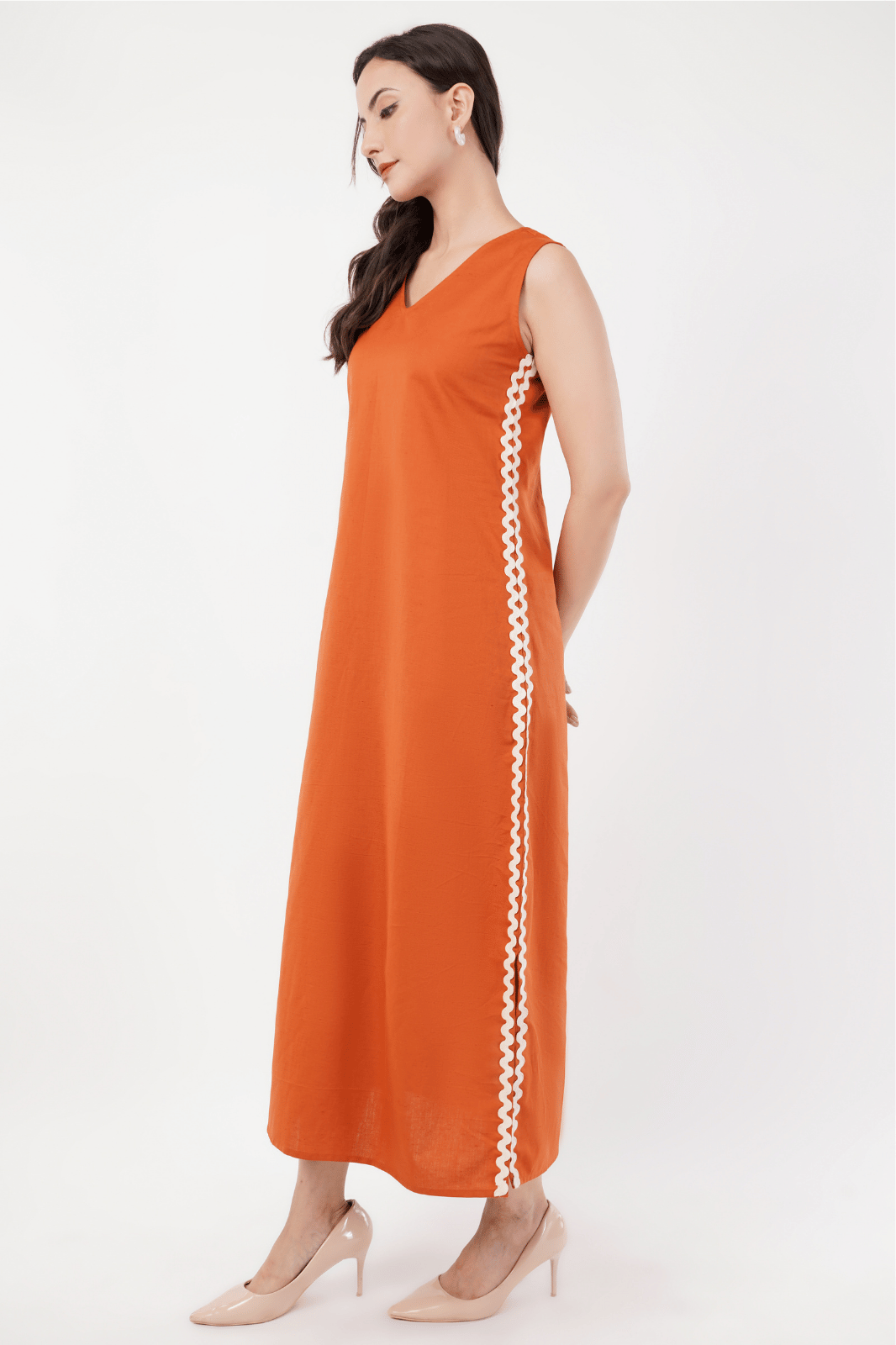 Rust Maxi A-Line Dress with Lace Detailing & Slits