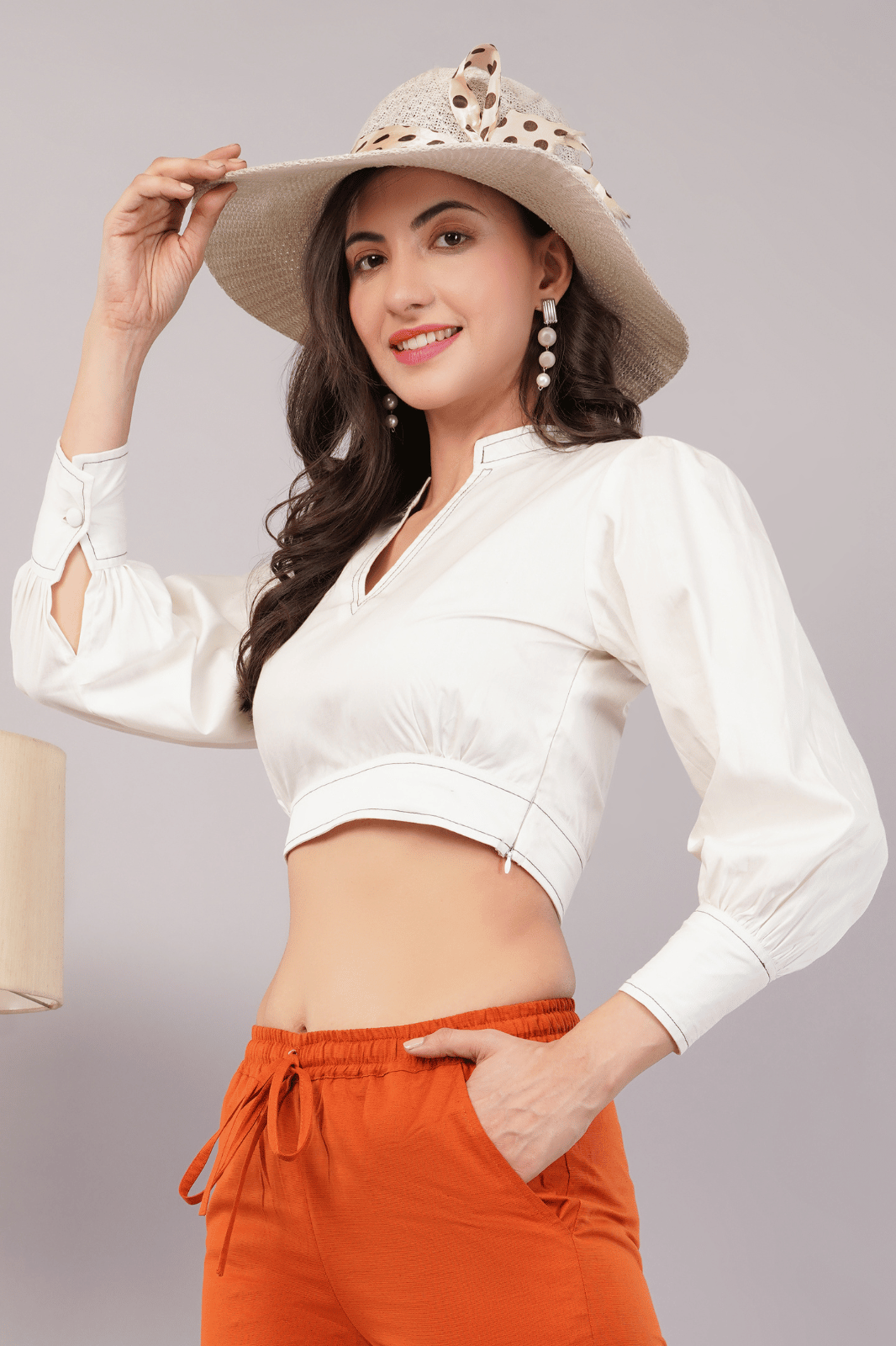 White Cotton V-Neck Crop Top with Bishop Sleeves