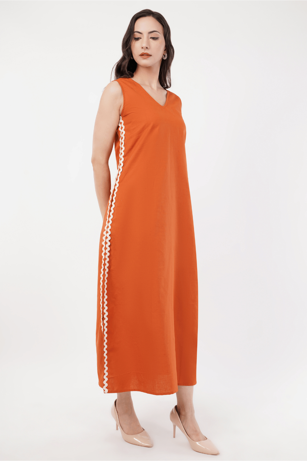 Rust Maxi A-Line Dress with Lace Detailing & Slits