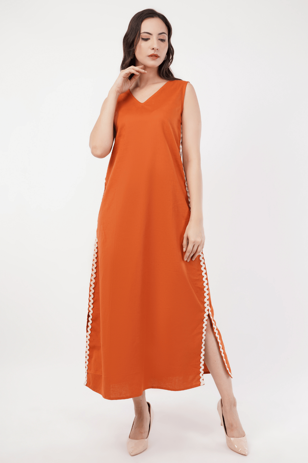 Rust Maxi A-Line Dress with Lace Detailing & Slits
